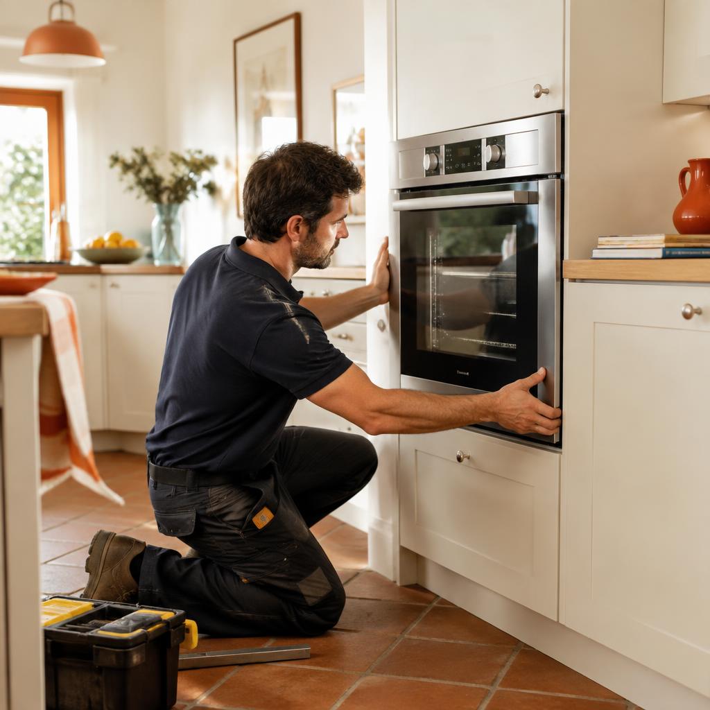 Technicien LQIC installant un four encastré dans une cuisine